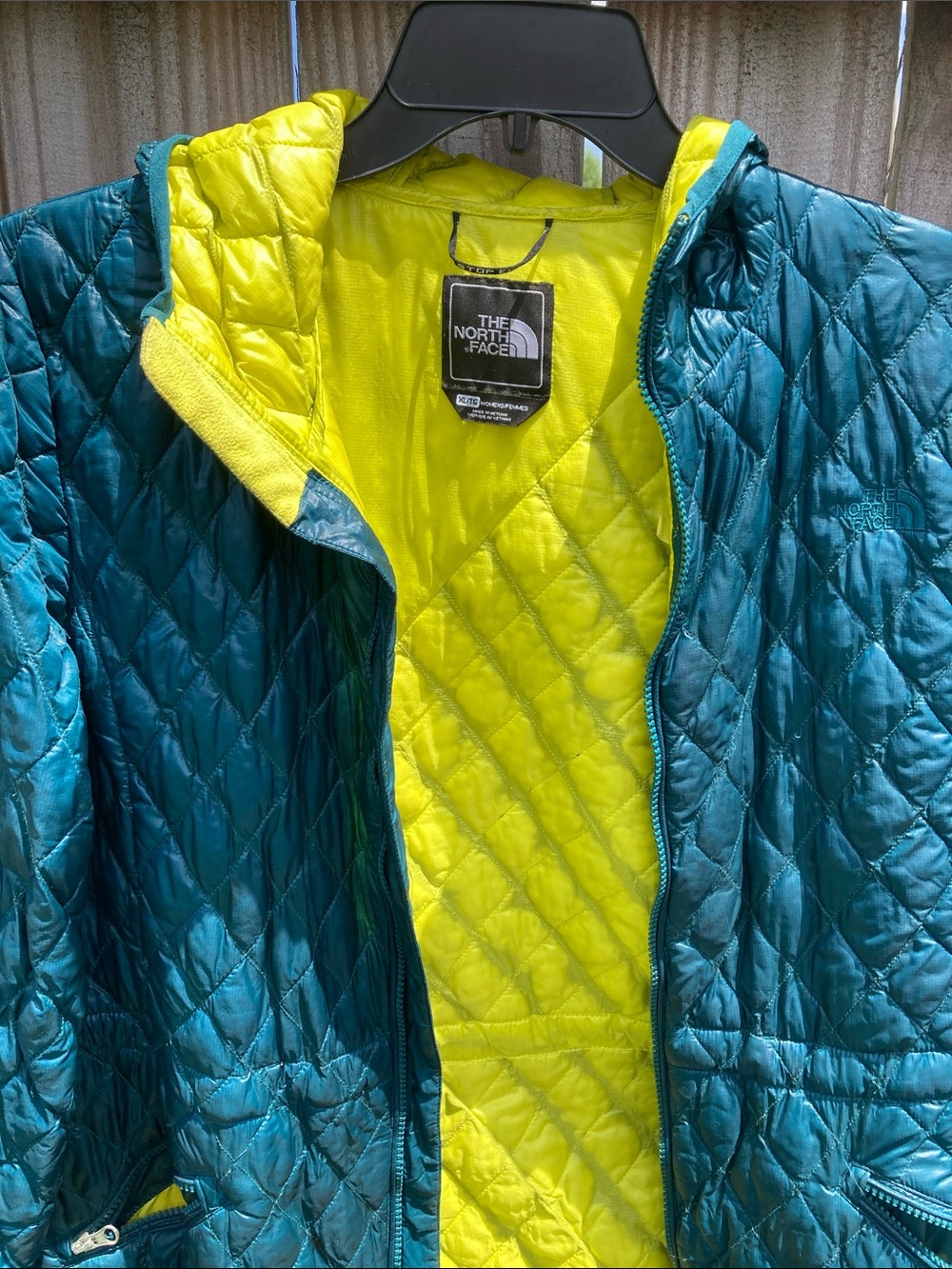 The North Face Women’s  Teal Outer with Yellow Liner Quilted Reversible Puffer